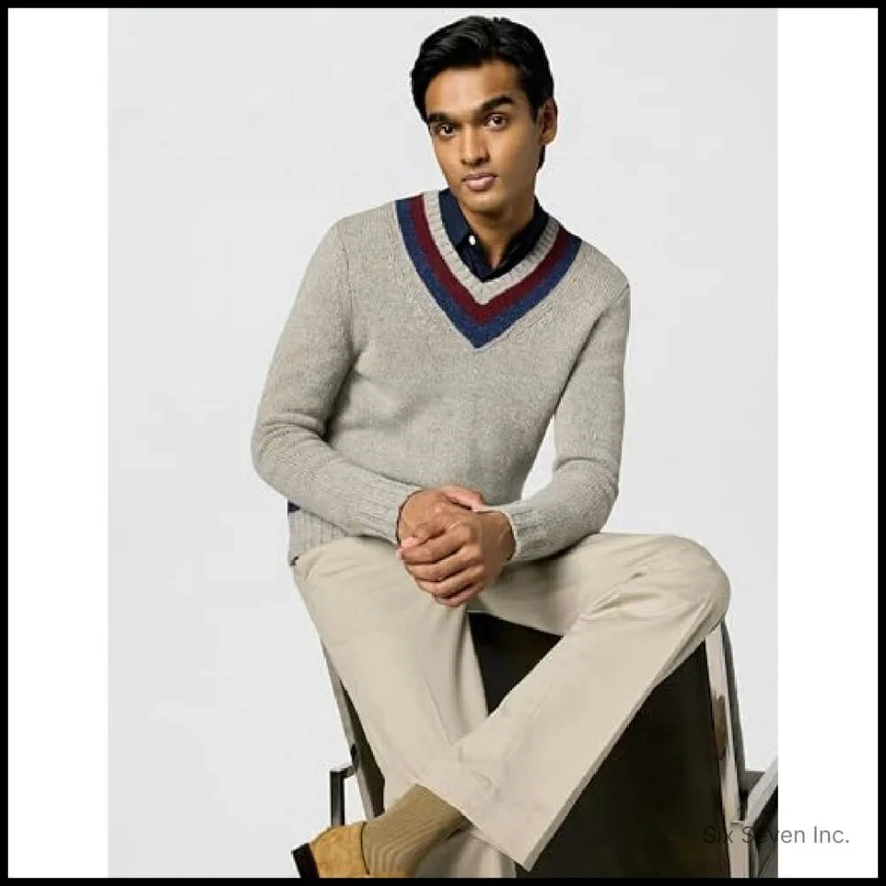 Classic V-Neck Tennis Sweater Preppy Elegant Wool Blend Long Sleeve Pullover